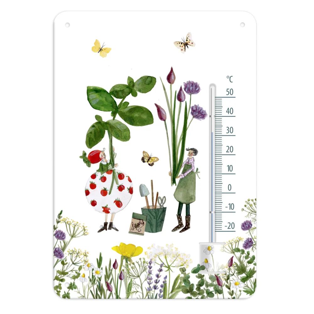 Analoges Grätz Gartenthermometer Kräutergarten mit kunstvollen Pflanzen-Illustrationen von Silke Leffler