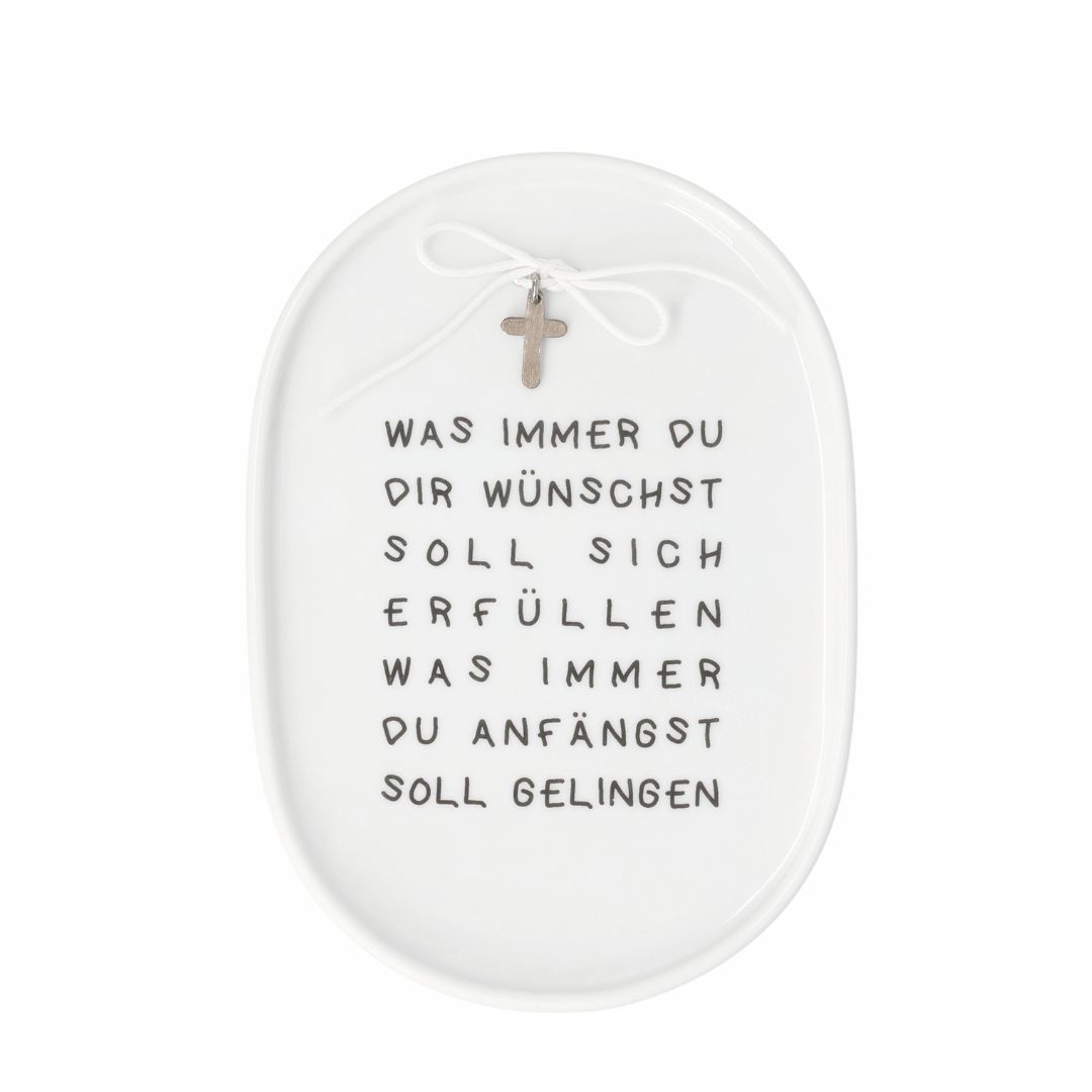 Kleiner weißer räder Porzellanteller mit Schriftzug Was immer du dir wünscht und Kreuz-Motiv
