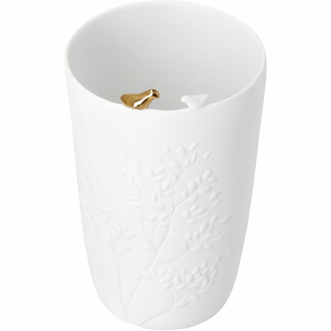 Nahaufnahme des Vogelpaars auf dem Vasenrand, ein weißer Vogel und ein Vogel mit Golddekor